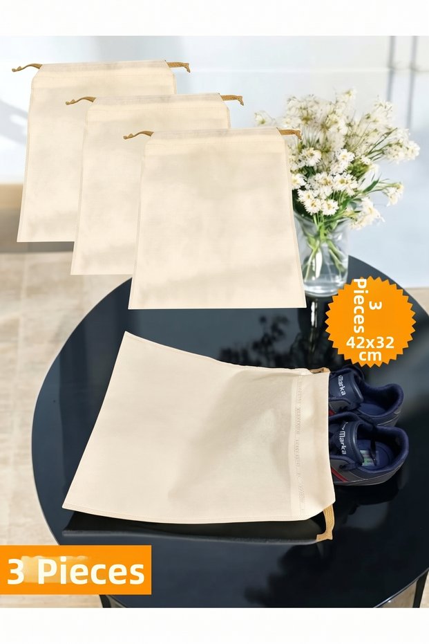 3 Pieces Cream Drawstring Shoe Storage Bag Travel Organizer Multi-Purpose Closet Drawer Suitcase Organizer