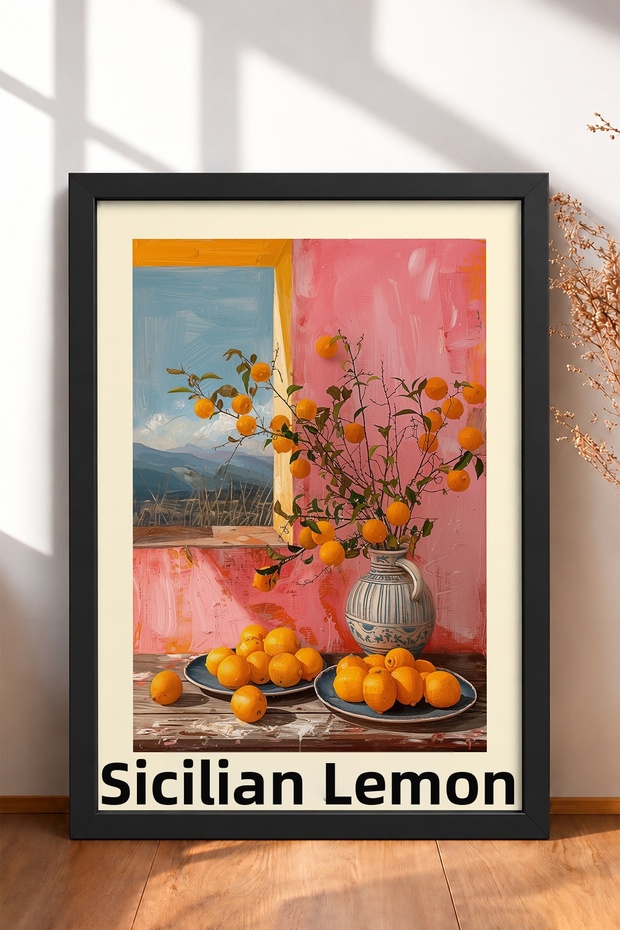 Sicilian Lemon Written Citrus Tabletop Framed Painting Italy Poster Wall Decor Itp015