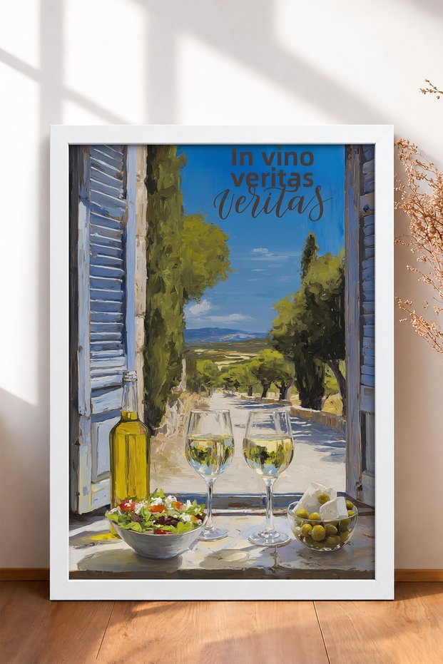 In Vino Veritas Wine and Countryside Scenery Framed Painting Italy Poster Wall Decor Itn080