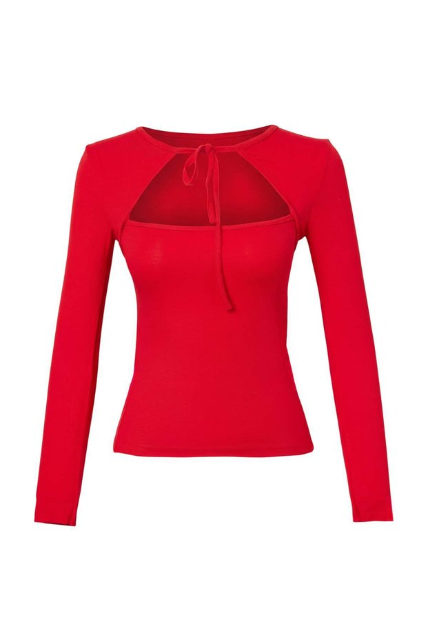 Kırmızı Fitted/Vücuda Oturan Anahtar Deliği Yaka Viskon Ribana Örme Bluz TWOAW27BZ00210