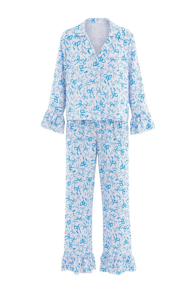 Blue Polyester New Year Satin Woven Pajama Set Thmaw27Pt00144