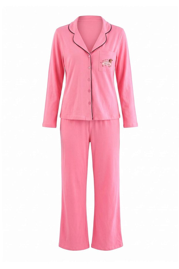 Pembe %100 Pamuklu Biye ve Cep Detaylı Köpek Baskılı Örme Pijama Takımı THMAW22PT0785