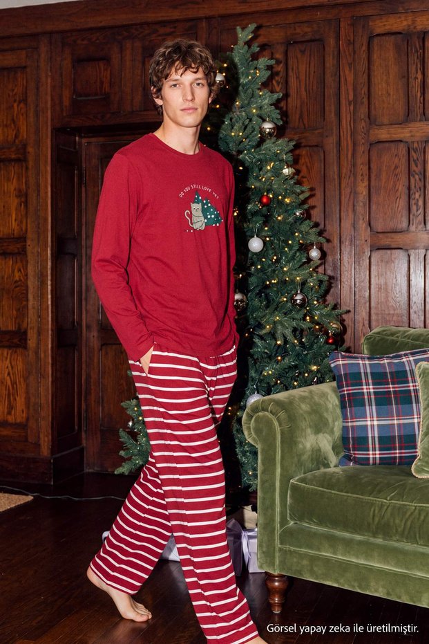 Red Striped Regular Fit Couple New Year Themed Knitted Pajama Set Tmnaw25Pt00045