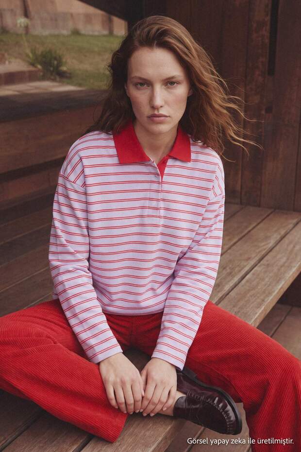 More Sustainable Kırmızı Çizgili Dokuma Yakalı Oversize Örme T-shirt/Sweatshirt TWOAW26TS00004