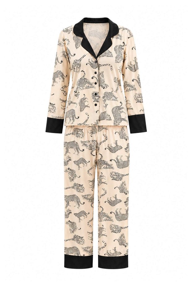 Ecru Tiger Patterned Knitted Pajama Set Thmaw27Pt00290