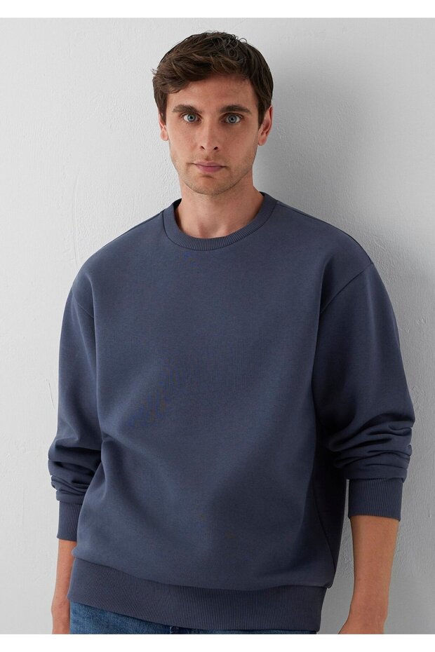 Crew Neck Navy Blue Basic Sweatshirt 0S10276-70759