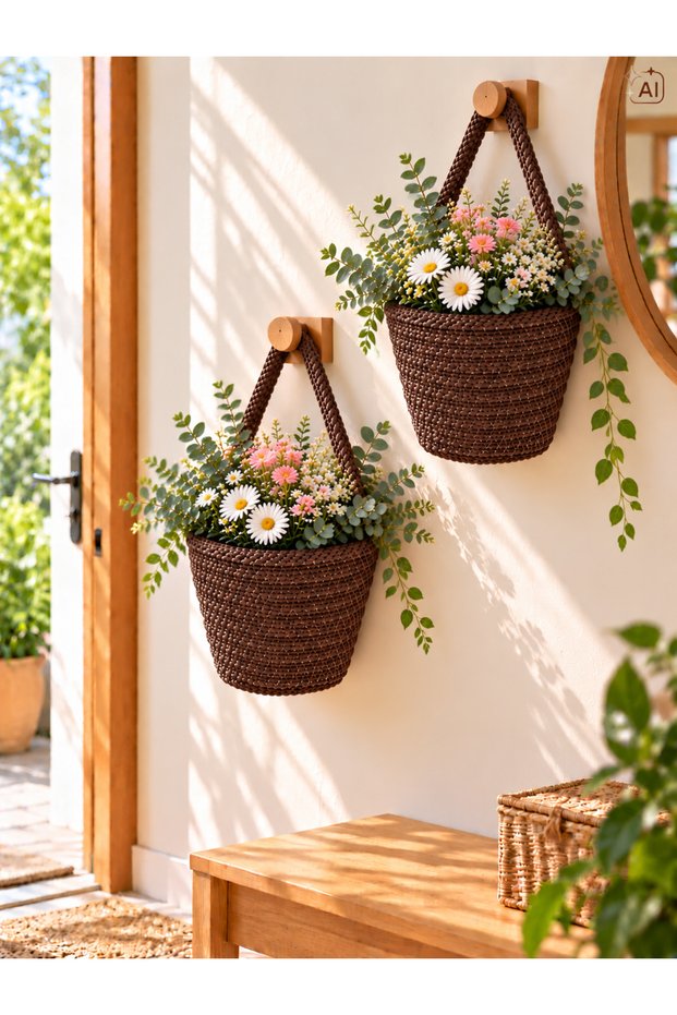 Basket Mini Decorative Flower Pot 2-Piece Organizer 12X10 cm (Plants and Wooden Hangers Are Not Included)