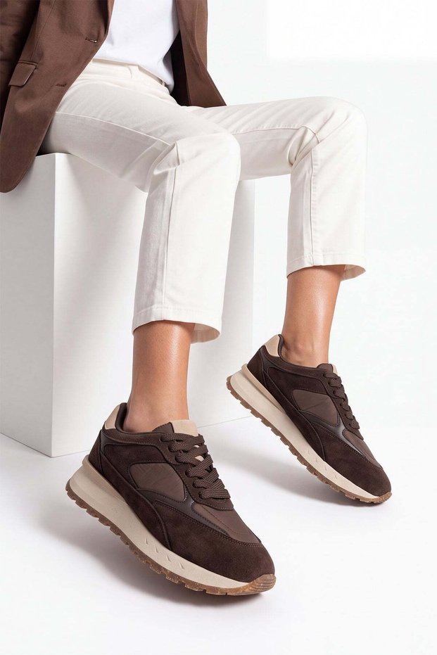 Women's Suede Detailed Lace-Up Thick Sole Casual Sneaker Sports Shoes Arvon Brown Suede
