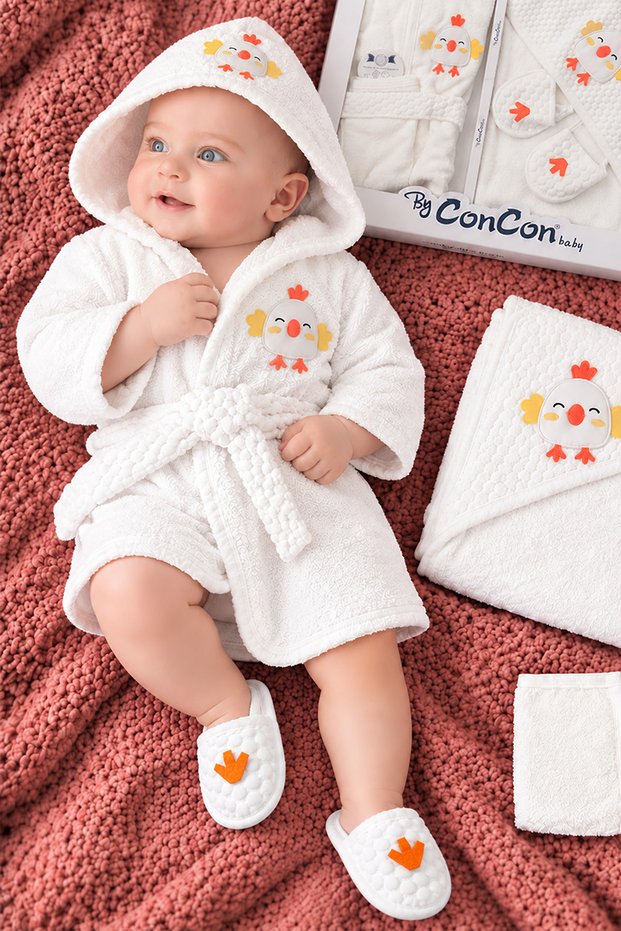 Premium Baby Ecru Organic Honeycomb Bathrobe and Towel Set with Chick Figure