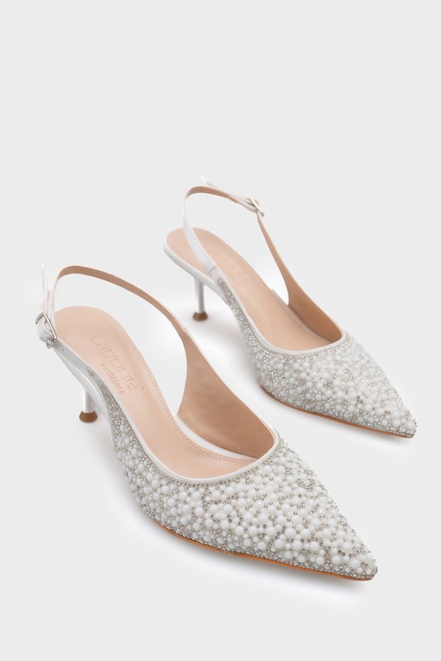 Dorri Full Stone Pointed Toe Satin Slingback Women's Heeled Wedding Shoes