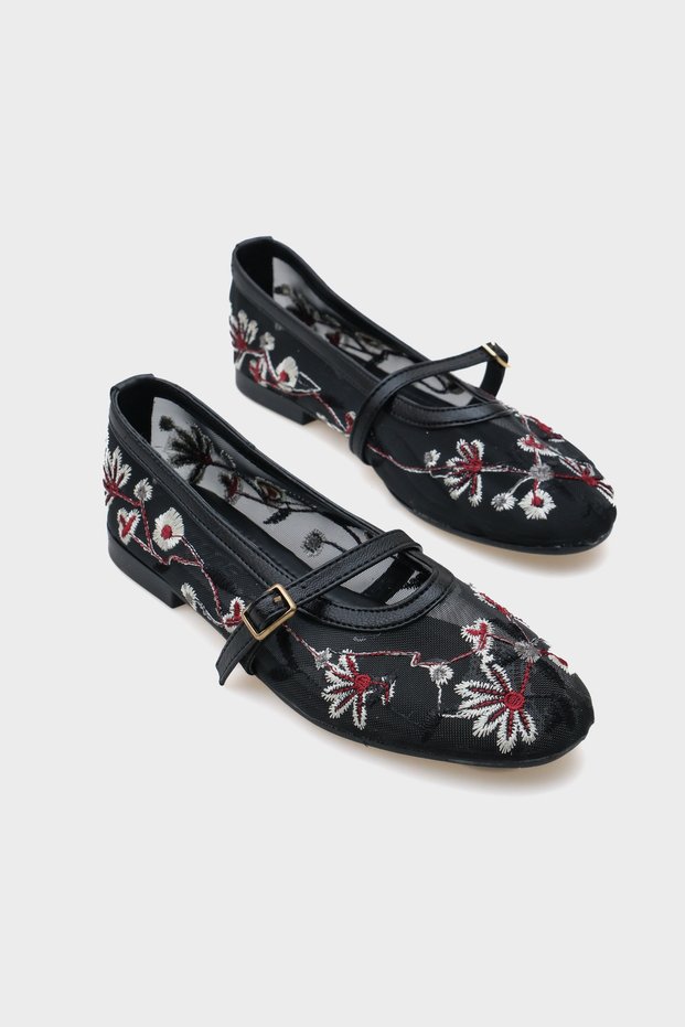 Kathryne Buckle-Strapped Floral Embroidered Round-Toe Flat Heeled Casual Women's Ballerinas