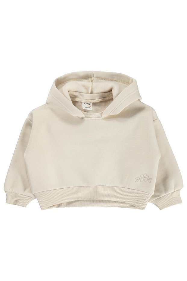 Floral Embroidered Basic Hooded Sweatshirt 6-18 Months - Beige