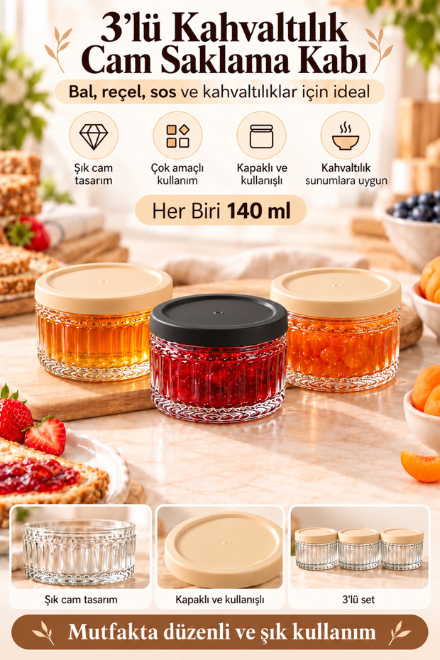 Set of 3 140 ml Breakfast Glass Storage Containers – Covered Containers for Honey, Jam, Sauce, and Breakfast Presentation