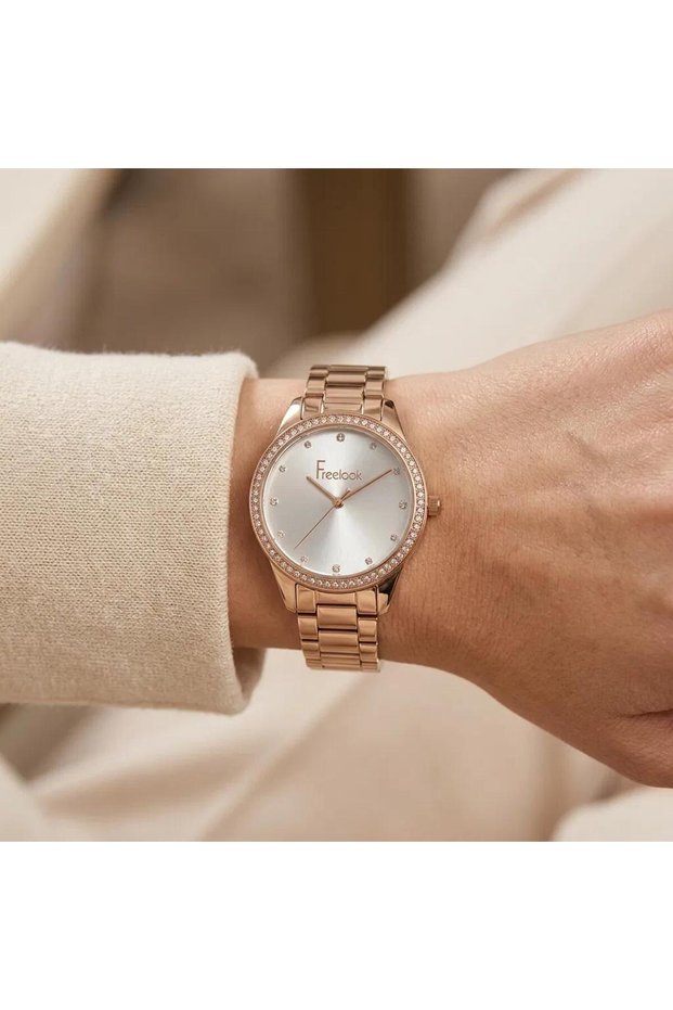 Rose Gold Color Silver Stone Detailed Dial Steel Case 2 Year Warranty Fl.1.10121.2 Women Wristwatch