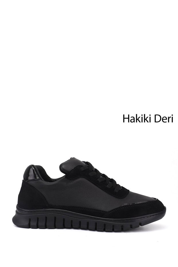 Women's Black Rubber Laced Genuine Leather Sneaker