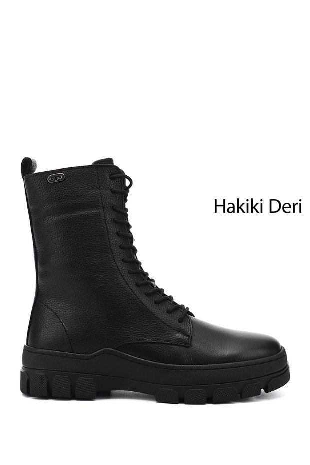 Black Floater Genuine Leather Round Toe Zippered Lace Up Women's Boots 55415