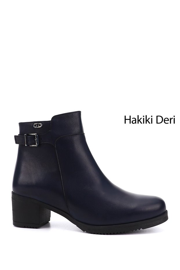 Women's Navy Blue Antique Zippered Thick Heeled Genuine Leather Boots