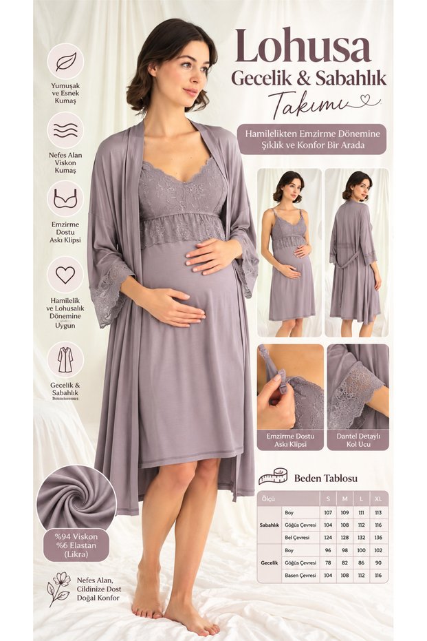 Gray Maternity Nightgown Robe Set, Women's Breastfeeding Viscose Pajama Set, V-Neck Lace Maternity Home Dress, 2-Piece Luxury Lavender Gray Sleepwear