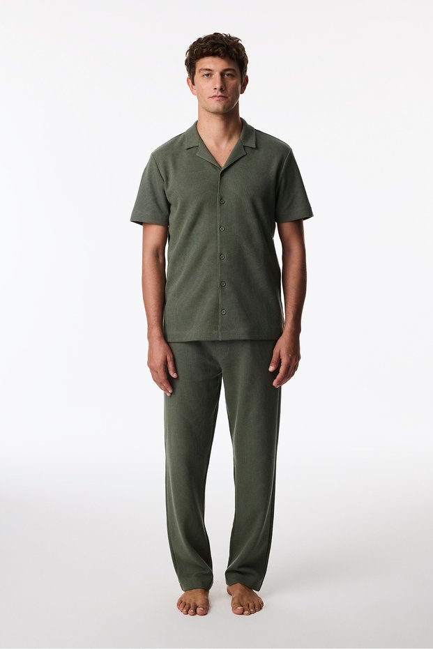 Men's Khaki Deep Green Short Sleeve Buttoned Shirt Trousers Pajama Set