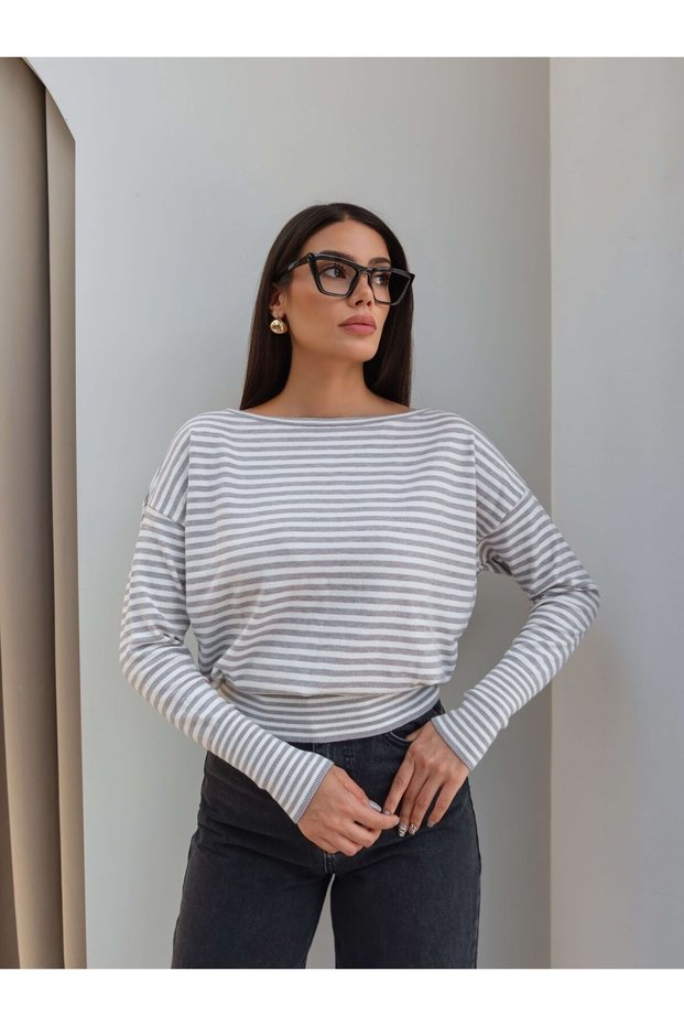 Striped One-Shoulder Slim Knit Sweater
