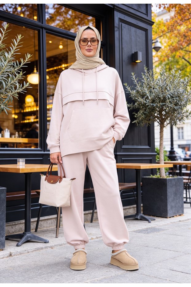 Kangaroo Pocket Modal Tracksuit Set – Hooded -Powder
