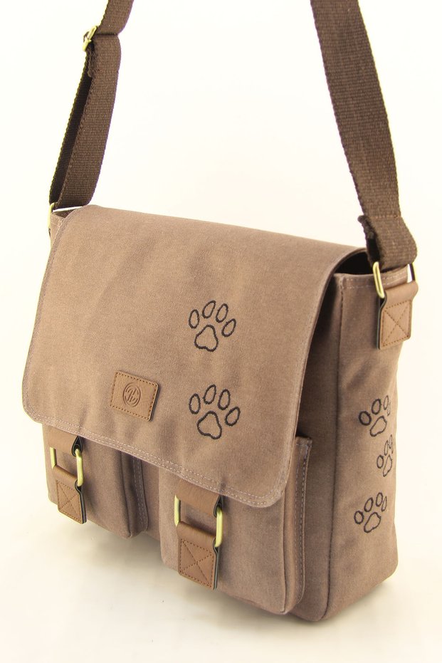 Unisex Brown Canvas Paw Print Waterproof Postman Business School Briefcase Laptop Bag