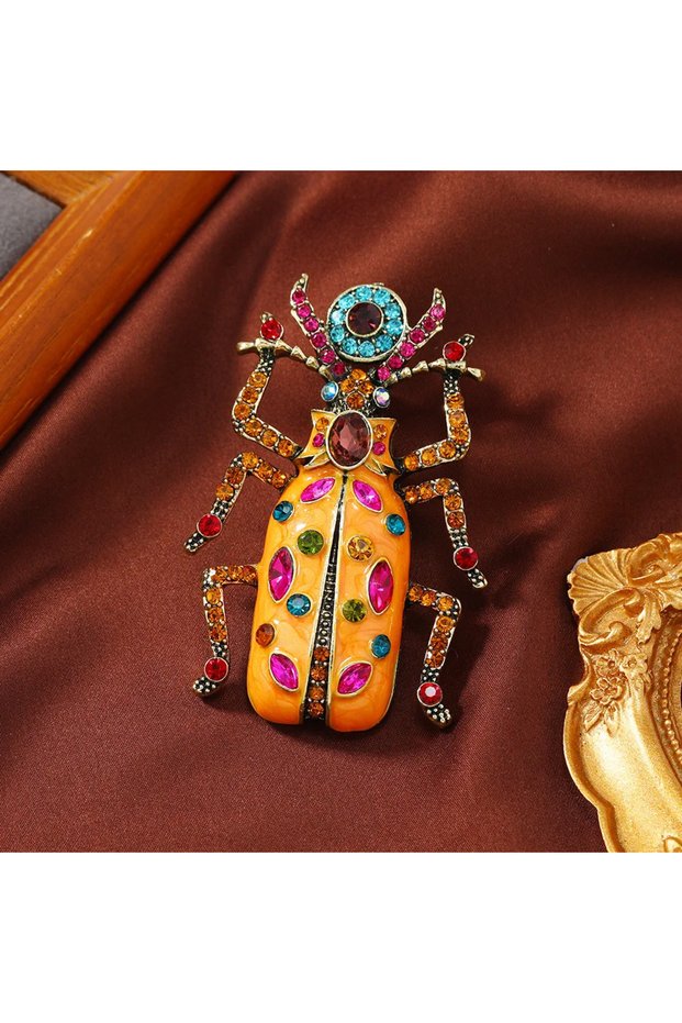 Orange Big Enamel Beetle Brooches For Women Rhinestone Lovely Insects Brooch Coat Pin Luxury Crystal