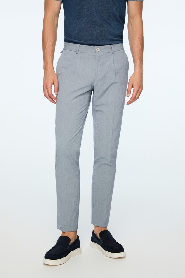 Men's Navy Blue Polyviscon Trendy Patterned Slim Fit Elastic Trousers