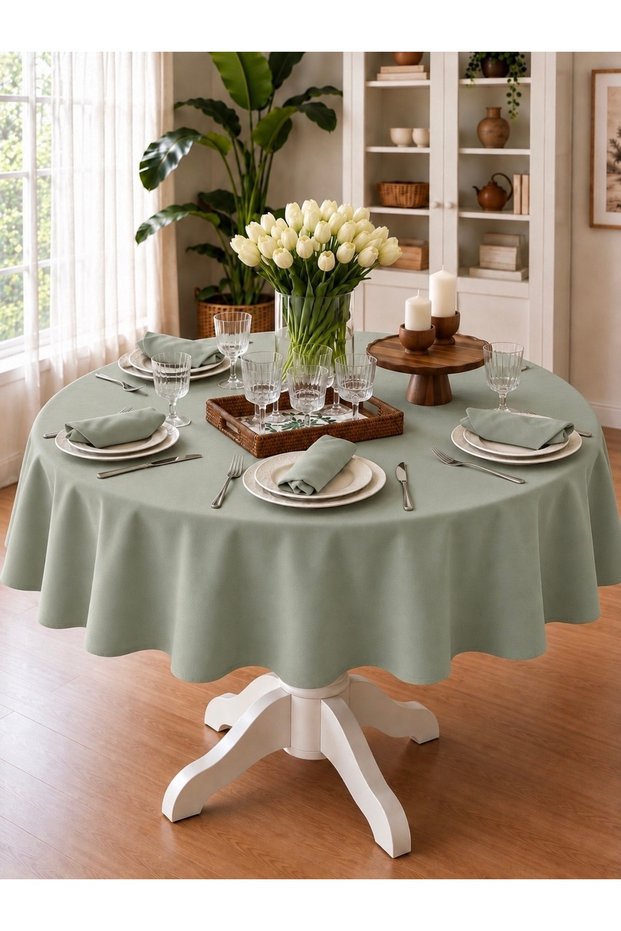Pearl Velvet Textured Round Tablecloth Sage Green