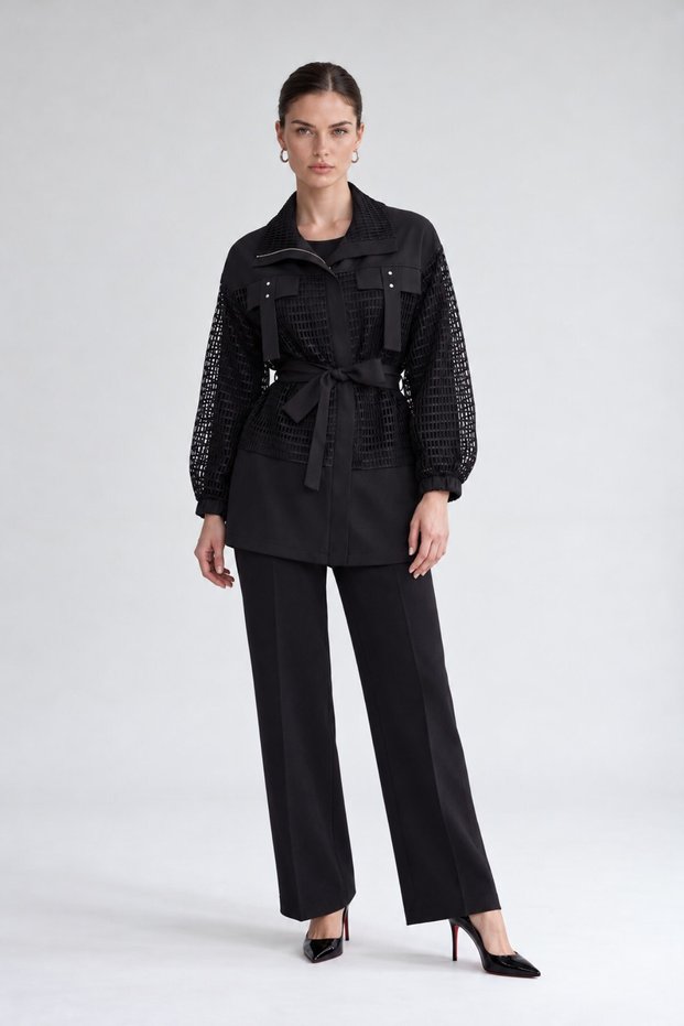 Mesh Detailed Waist-Tied Double Suit Black