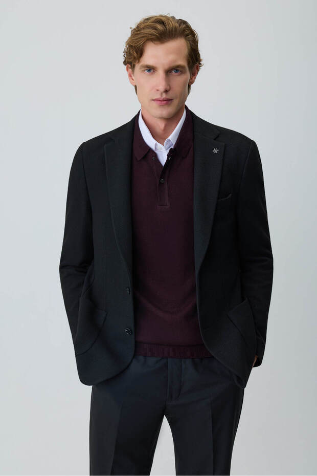 Men's Black Knitted Trendy Patterned Slim Fit Mono Collar Jacket