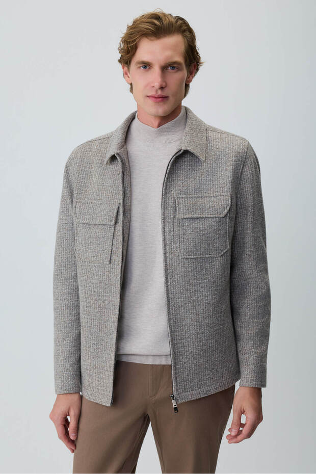 Men's Beige Trend Zipper Collar Short Coat