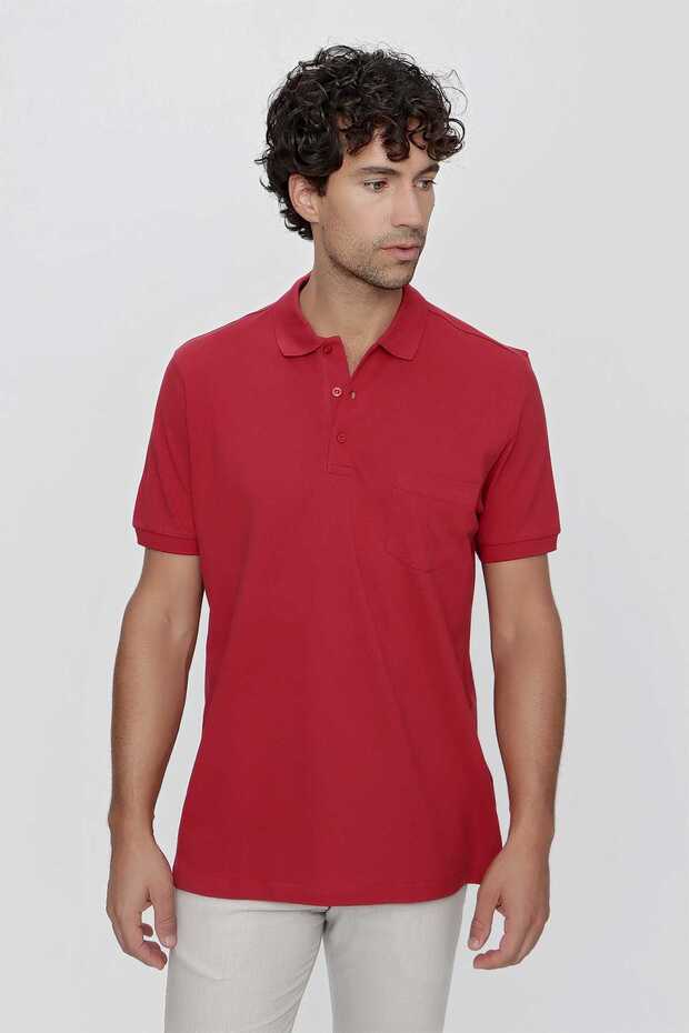 Men's Red Basic Plain 100% Cotton Oversize Wide Cut Short Sleeve Polo Neck T-Shirt