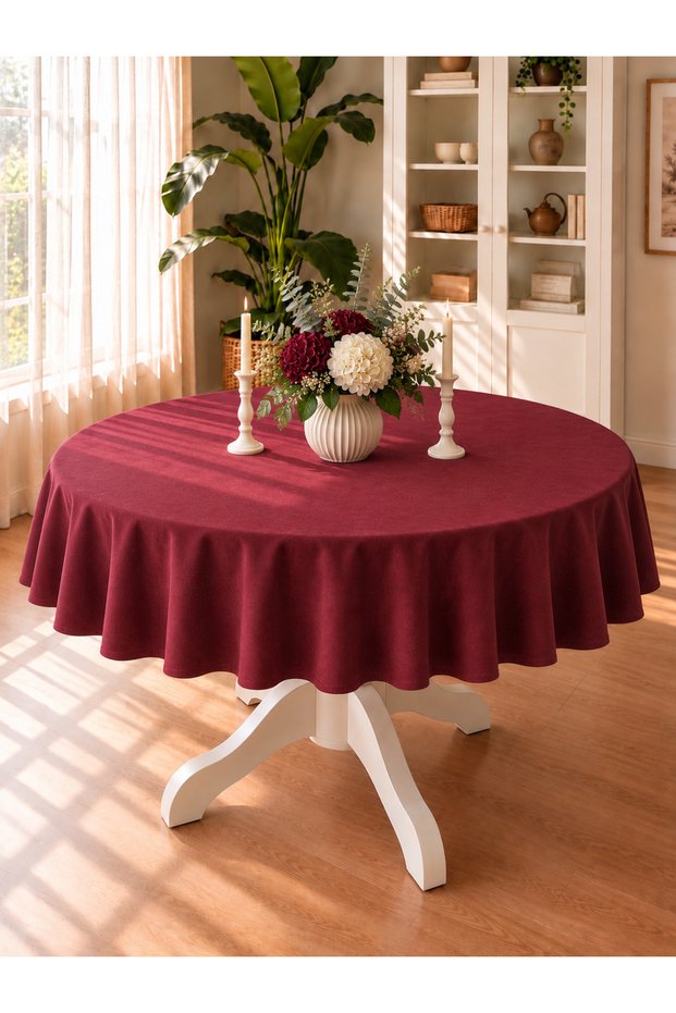 Pearl Velvet Textured Round Tablecloth Burgundy