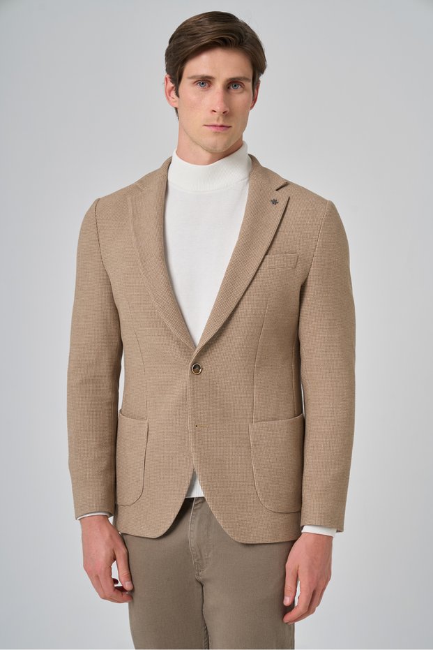 Men's Beige Polyviscon Trend Patterned Slim Fit Mono Collar Woven Jacket