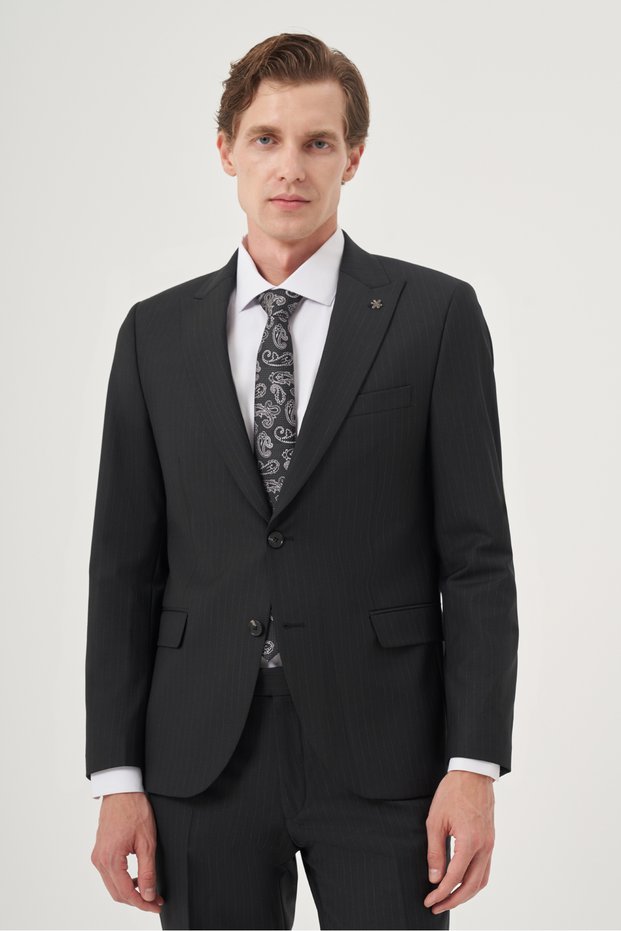 Men's Black Woolen Platinium Classic Striped Slim Fit Pointed Collar Suit