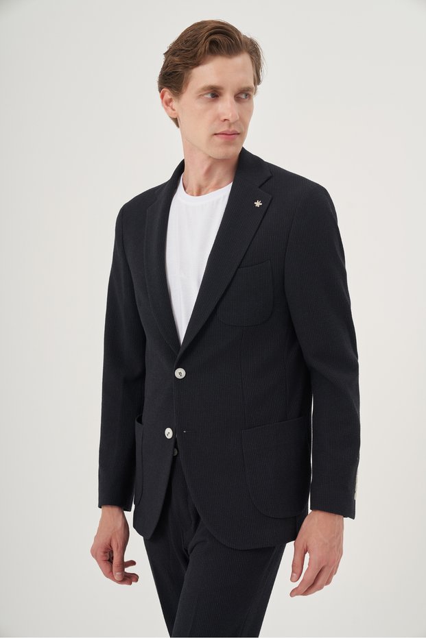 Men's Navy Blue Polyviscon Trend Striped Slim Fit Mono Collar Suit