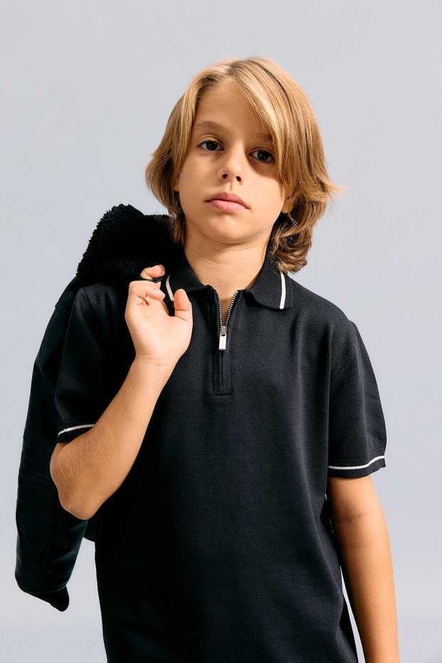 Polo Collar Stripe Detailed Half Zipper Knitwear Basic T-Shirt Boys H3919A826Au