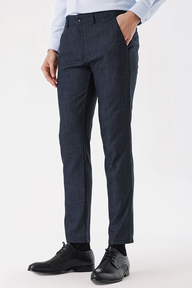 Men's Navy Blue Polyviscon Patterned Slim Fit Trousers