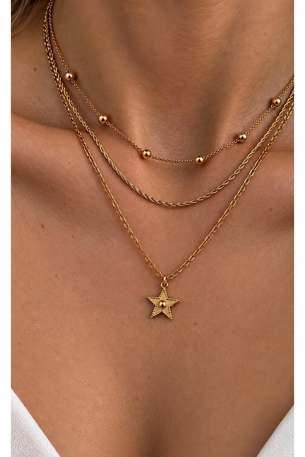 Women's Gold Color 3-Star Detail – Layered Stylish Chain Necklace