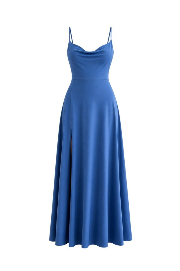 Vs-1039 Romina Blue Collared Slim Strap Slit Maxi Dress
