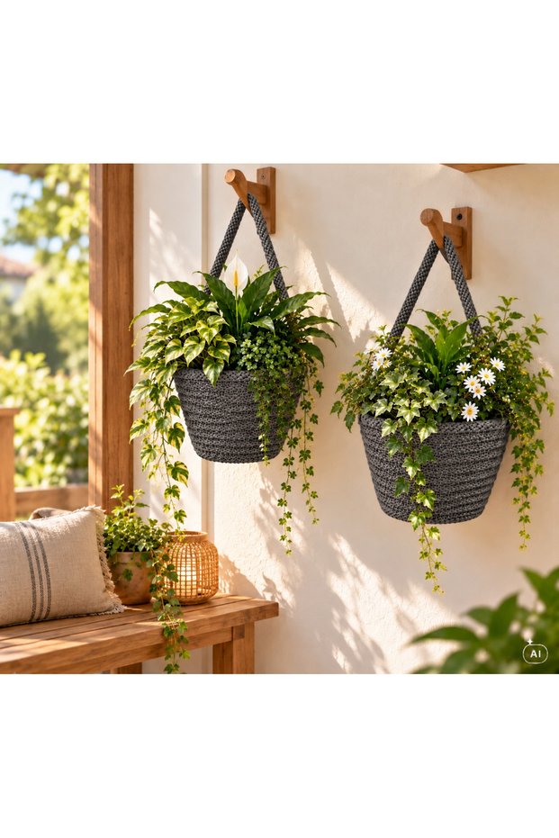Basket Decorative Mini 2-Piece Flower Pot 12X10 cm Plants and Wooden Hangers Are Not Included