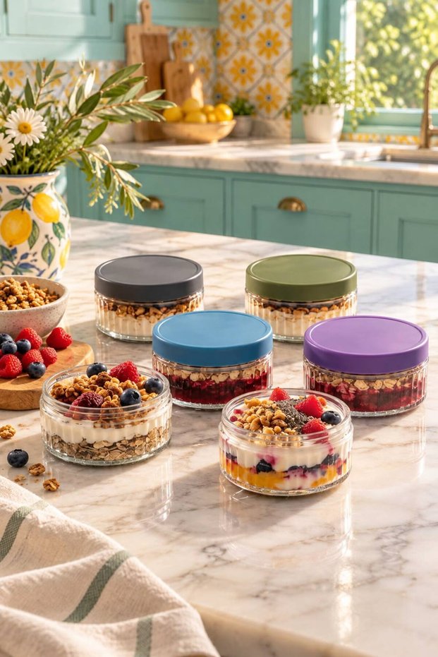Rena - Set of 6 Glass Storage Containers with Colorful Lids, Breakfast Jam Bowl, Sauce Bowl, Snack Bowl Set 8cm