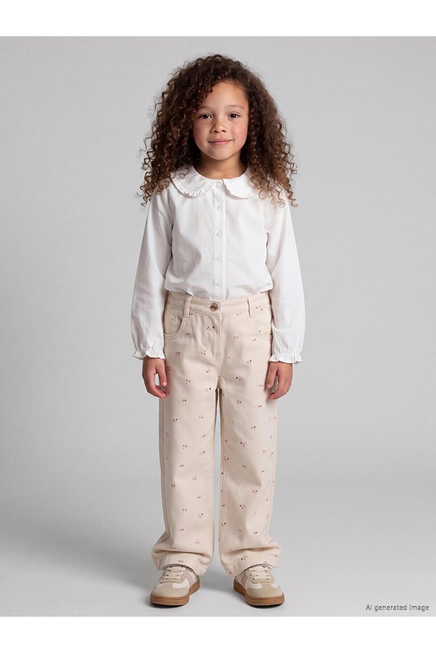 Peak New Season Ecru Elastic Waist Floral Girls' Pants