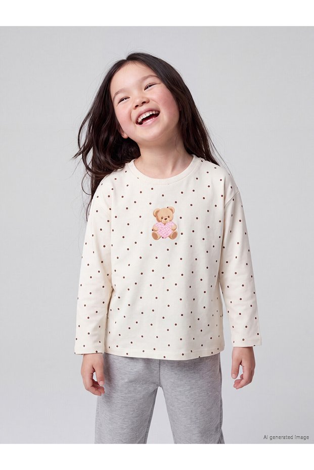 Peak New Season Ecru Crew Neck Printed Girls' T-Shirt