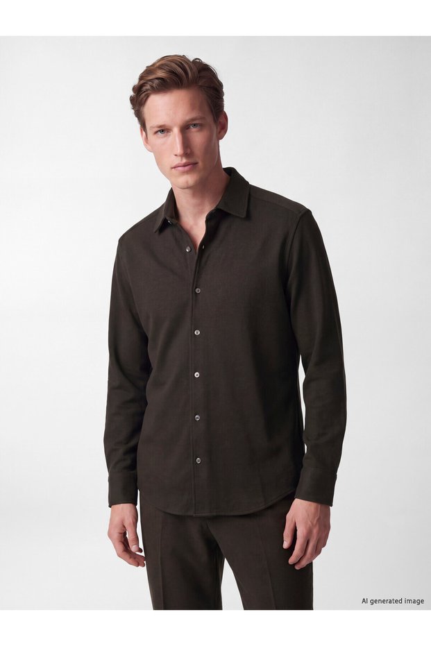 Peak New Season Brown Slim Fit Interlock Men's Shirt