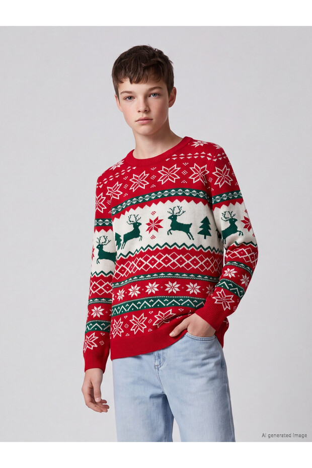 Ozmarka New Season Red Christmas Themed Boys' Knit Sweater