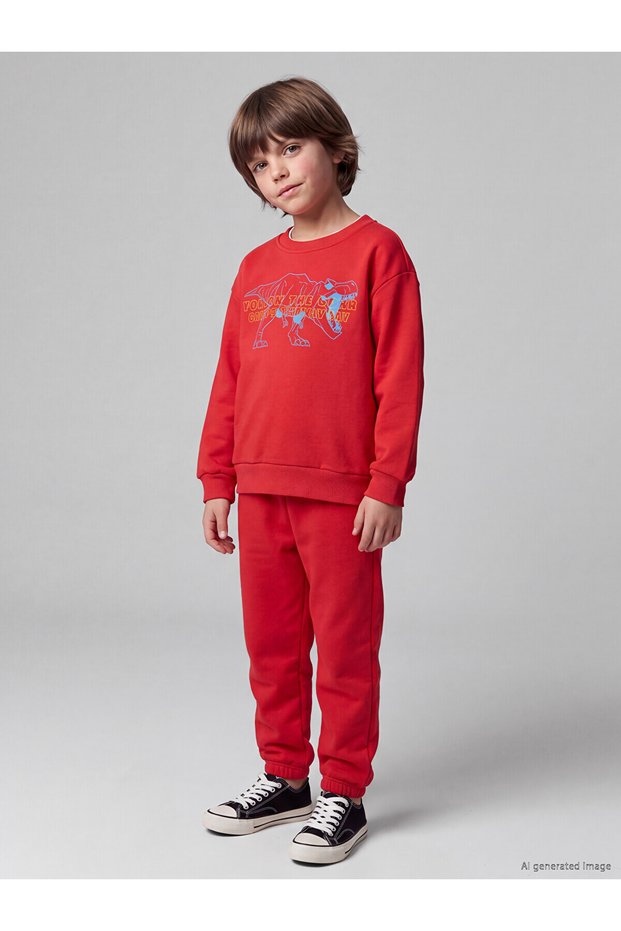 Özmarka New Season Red Printed Boys' Thick Tracksuit Set