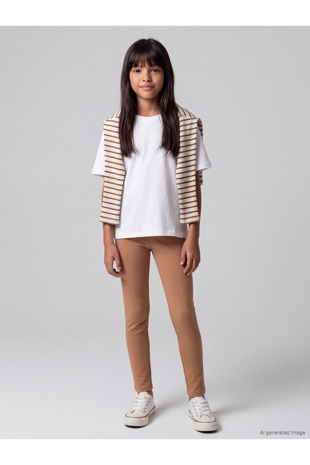 Özmarka New Season Brown Girls' Leggings with Elastic Waist