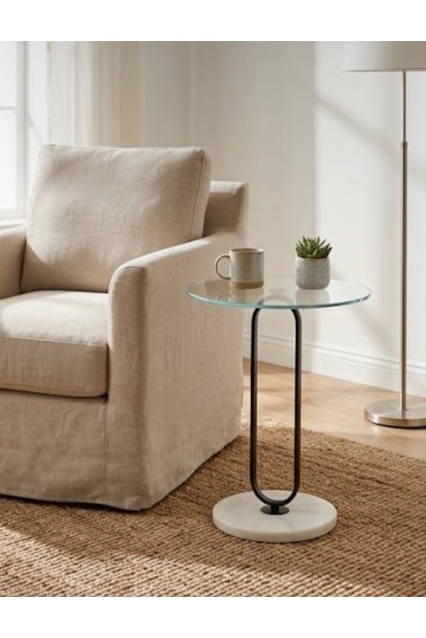 Modern Design Side Table Glass Top Marble Base